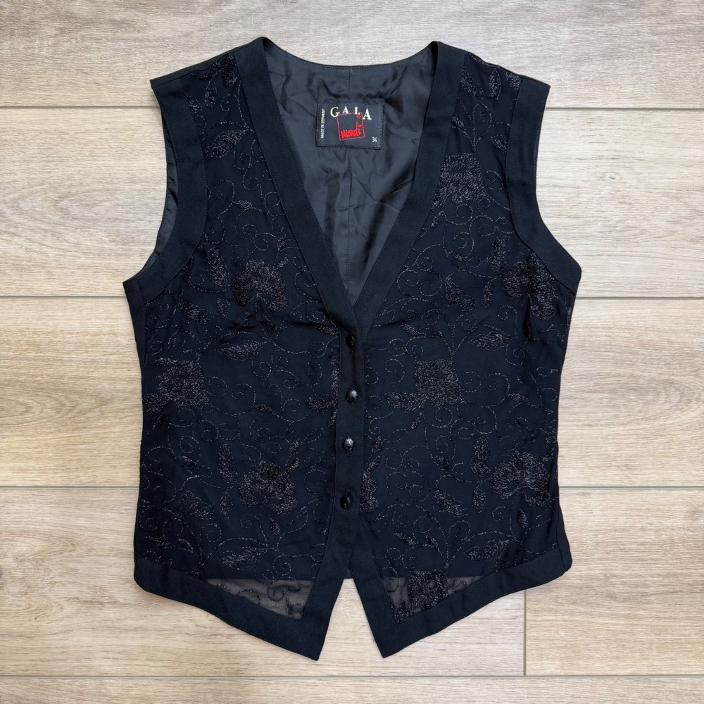 Mondi Gala Vintage Black Sheer Floral Embroidered Vest Whimsigoth Germany 34